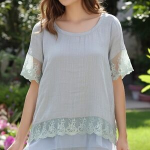 Sacred Threads OS Grey Lace Trim Tulle Layered‎ Tunic Top NWT